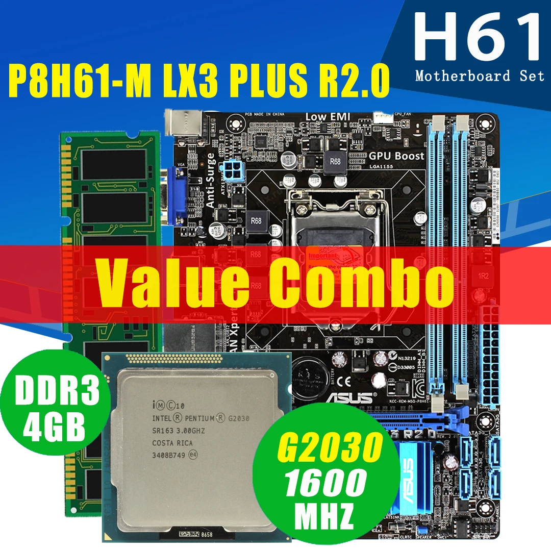 LGA 1155 Asus P8H61 M LX3 плюс R2.0 материнская плата с процессором Intel Pentium G2030 4 Гб DDR3 набор