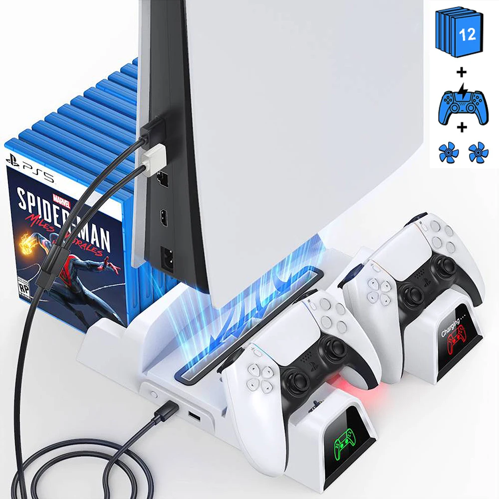 

PS5 Vertical Cooling Fan Stand Fast Dual Controller Charger Station With 12 Games Storage Slots for Playstation 5 Game Console