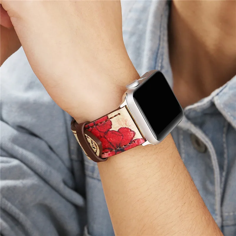 Винтажный кожаный ремешок для часов Apple Watch 38 мм 42 мм красный цветочный принт для женщин и мужчин сменный мужской т-браслет ремешок для iwatch 1 2 3
