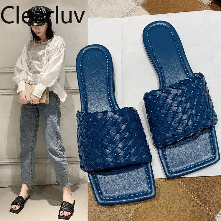 Сандалии женские на плоской подошве модная обувь с квадратным носком плетеные