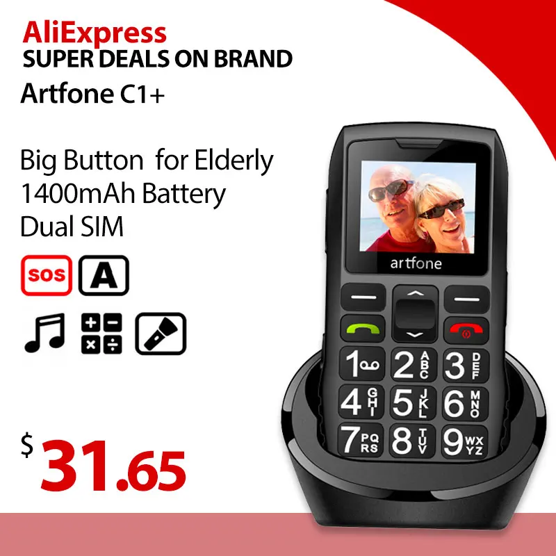 Telefone celular com botão grande para idosos, artfone c1 + dual sim desbloqueado, bateria de 1400mah, desbloqueado para celular idoso com sos emerg (0)