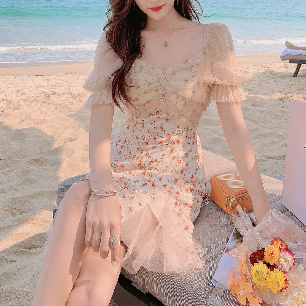 

Фея в винтажном стиле; Платье с цветочным рисунком для женщин, из кусков, Разделение Элегантные корейские туфли-лодочки, вечерние платья, на ...