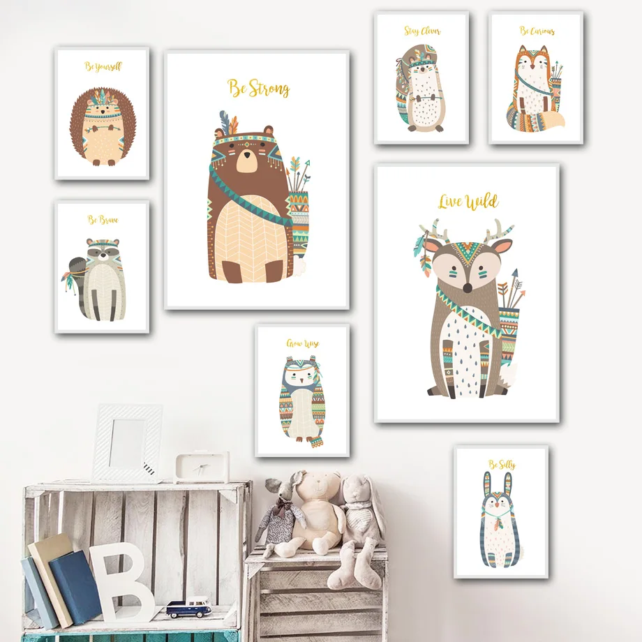 Лесное животное олень лисица медведь Сова Ежик плакаты на скандинавскую тему и