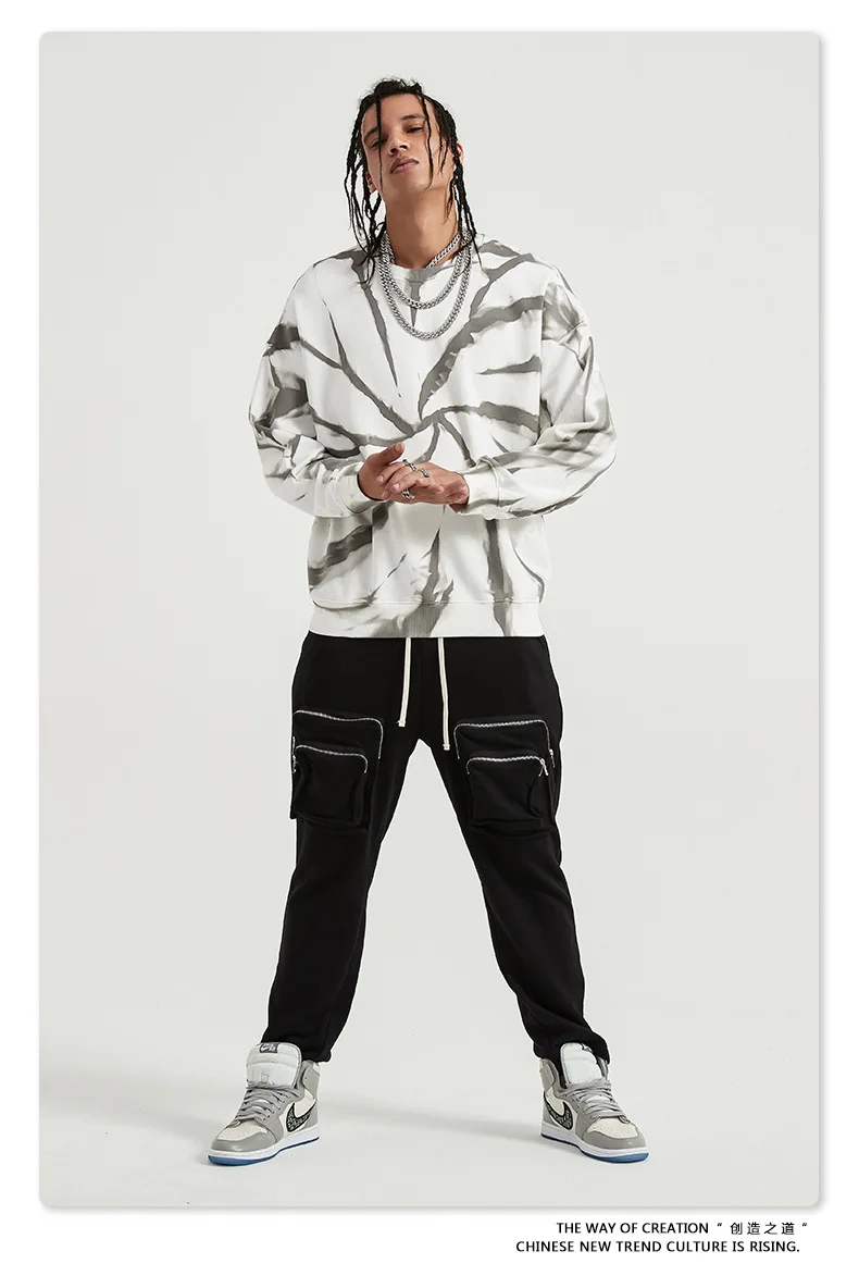 

2020 Autumn Hoodies Man Shirt Black White Spiral tie-dye Casual O Neck Full Sleeve Coat Dark Wind Lazy High street