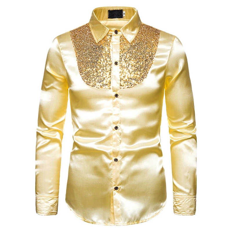 Gold MJartoria Мужские Роскошные платья с пайетками рубашки с длинным рукавом шелковые атласные блестящие дискотечные вечерние рубашки мужская сорочка сценические танцевальные рубашки - Цвет: Gold