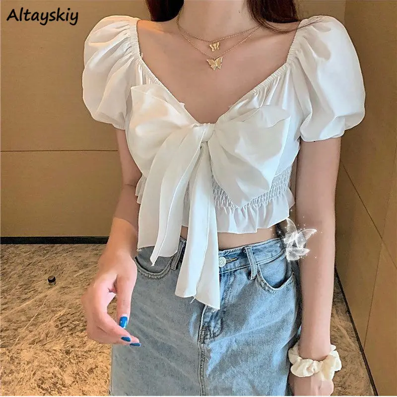 

Blouses Women Bow Slim Pure Color Summer Sexy Fashion Ulzzang Sweet Crop Top Hot Sale Ladies Romantic Retro Ins Holiday Blasas