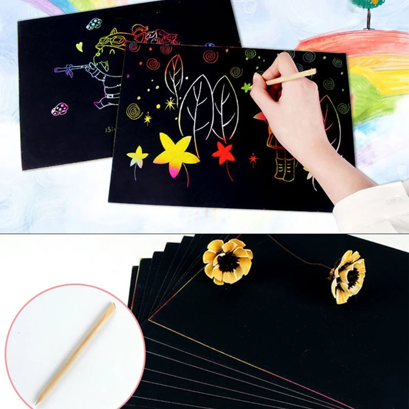 

10 Sheets A4 Magic Scratch Art Painting Paper With Drawing Stick Kids Toy Gift Q6PD