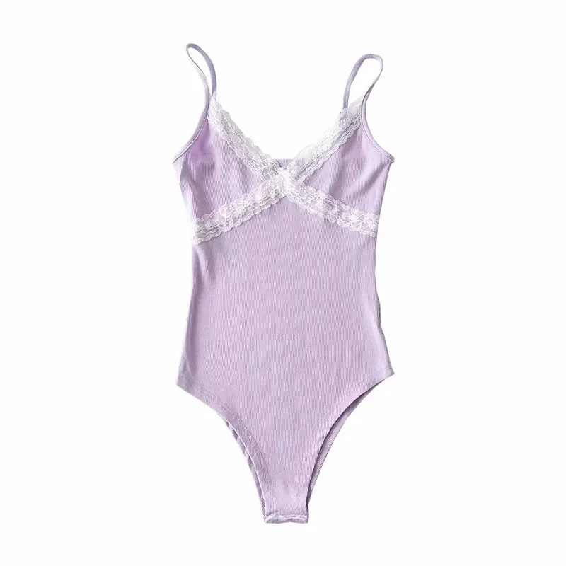 

Spring Women's Knitted Bodysuits Lace Playsuits Purple Camis Sexy Sleeveless Jumpsuits Slim V neck Patchwork Female Casual Tops