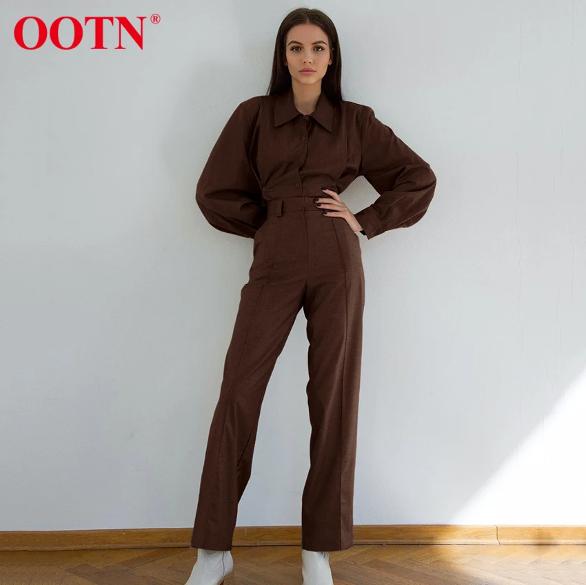 

OOTN костюмы с отложным воротником, рубашка с длинным рукавом и боковыми пуговицами, повседневные брюки, женские осенние прямые брюки с высок...