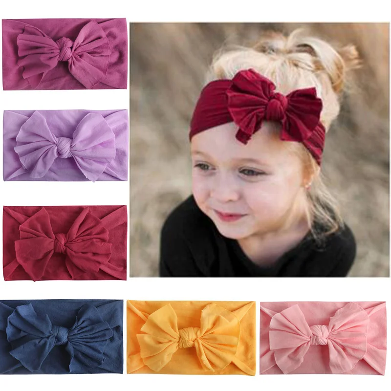 Нейлоновые Детские Луки тюрбан детская головная повязка одноцветная для