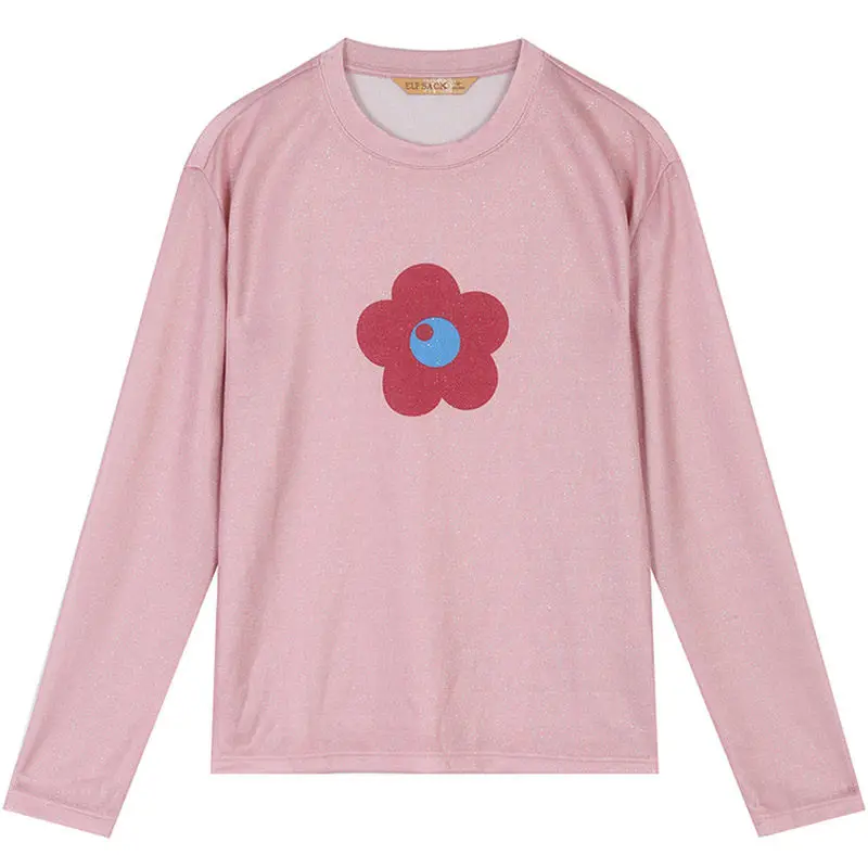 ELFSACK розовая с цветочным принтом корейский стиль длинный рукав рубашка для