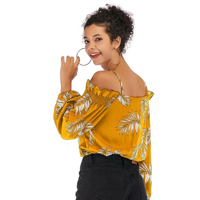 

European and American-Style Women's Clothing Leaves Printed Strap Chiffon Blouse New Style Long-Sleeve Horizontal Neck Pullover