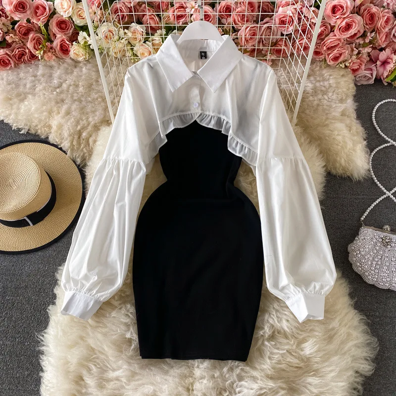 

Spring Summer Shirt Puff Sleeve Short White Tops + Sling Bag Hip Dresses Two-piece Women High Waist Sexy Party Black Dress