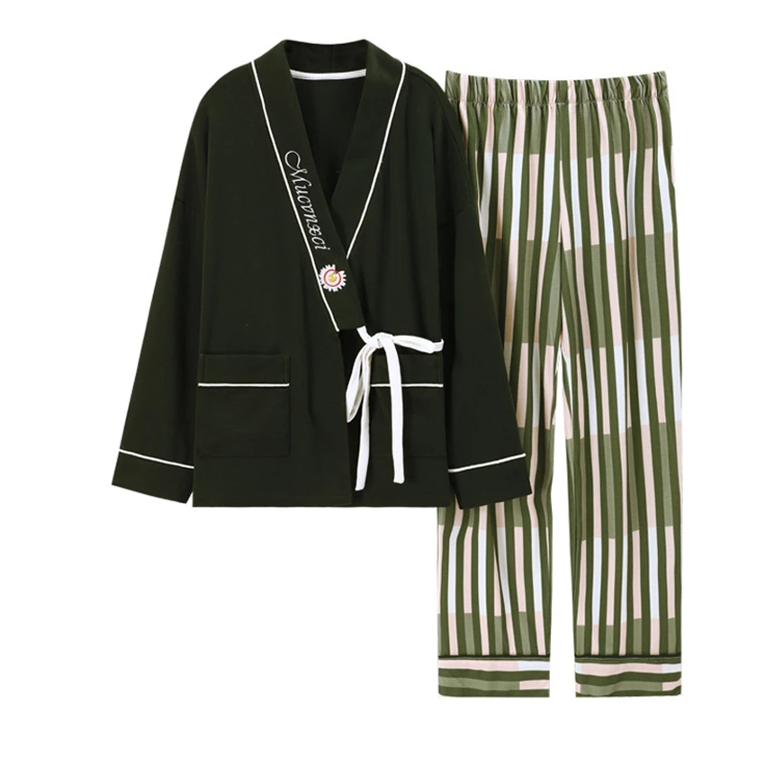 

Japanese Style Kimono Yukata Stripe Print Women Pajama Homewear Plus Size Set Fashion Long Sleeve Female Sleepwear Pyjamas Set