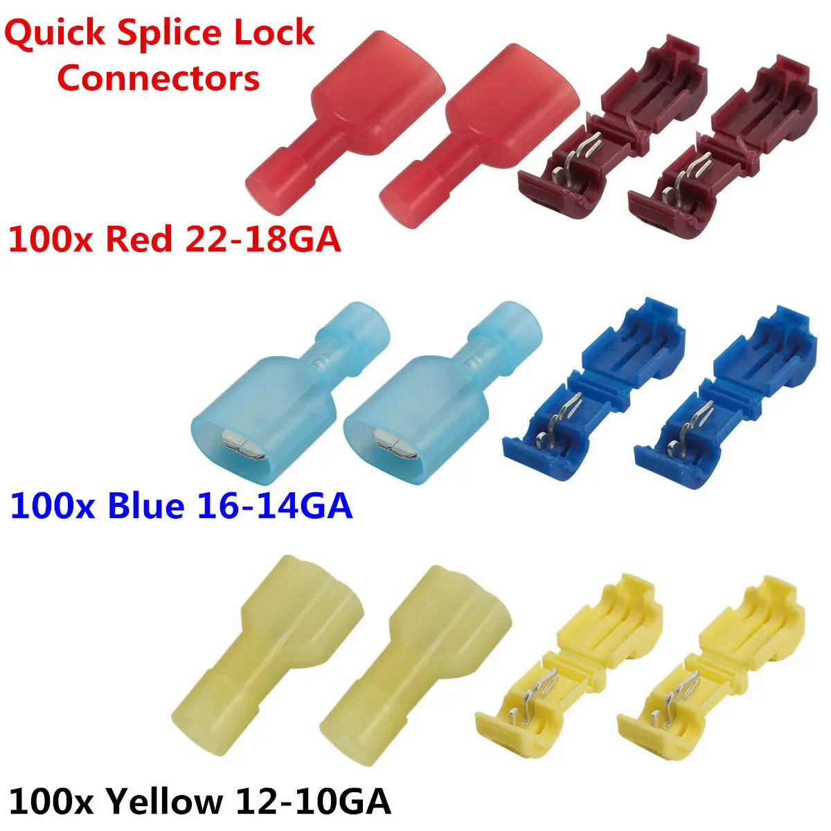 

300PCS T-Tap Male Spade Insulated Electrical Cable Wire Connectors Splice Butt Terminals Kit 10-22AWG Assortment