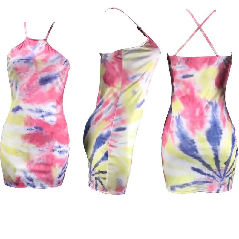 

Casual Halter Tie-dye Print Summer Dress Women Sexy Off Shoulder Cross Spaghetti Strap Backless Bodycon Mini Party Women Dresses