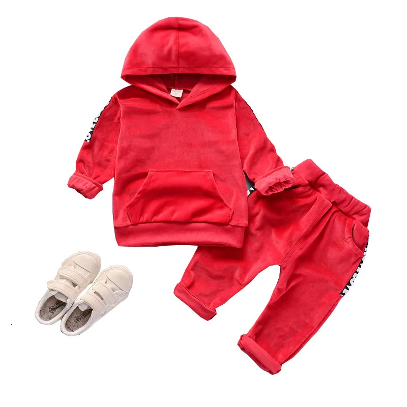 Children Gold Velvet Clothes Spring Autumn Baby Boy Girl Hooded Sweatshirt Pants 2pcs/set Infant Outfit Kids Casual Tracksuits | Детская