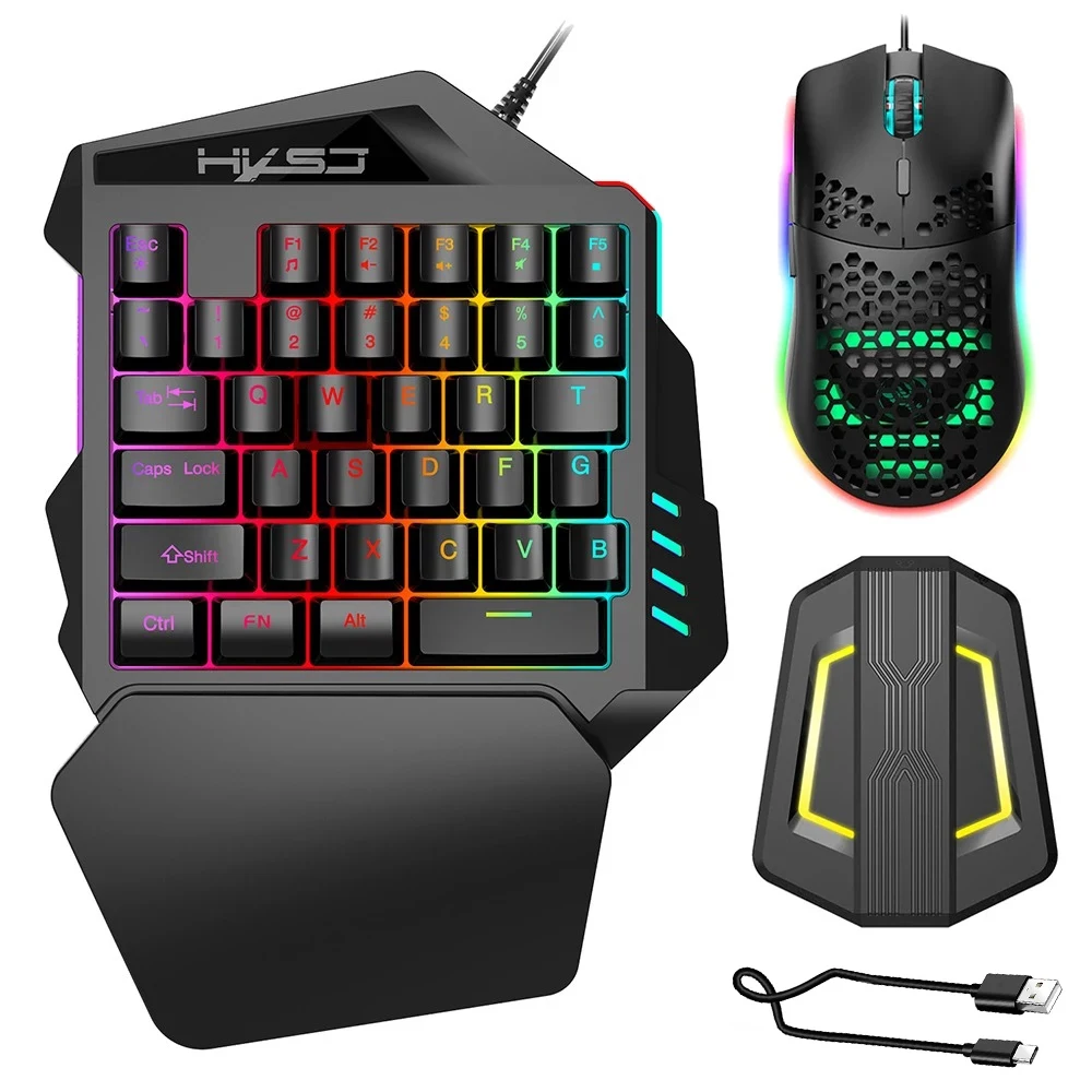 

J900 RGB Ergonomic Wired Gaming Mouse Set V100 35 Keys Single-Hand Game Keyboard P6 Portable Keypad Mouse Converter Combo