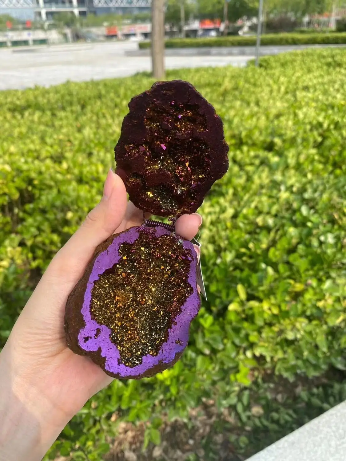 

Natural angel aura agate geode crystal hole Mineral specimen contains clean crystal clusters electro plating Titanium coating