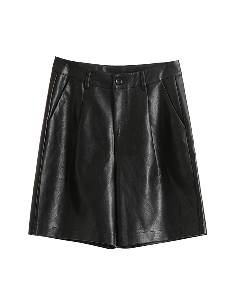 

2021 New Spring Autumn Winter Women Leather Shorts Outside Wearing Short Boots Pants PU Faux Leather Shorts Knee-length Casual