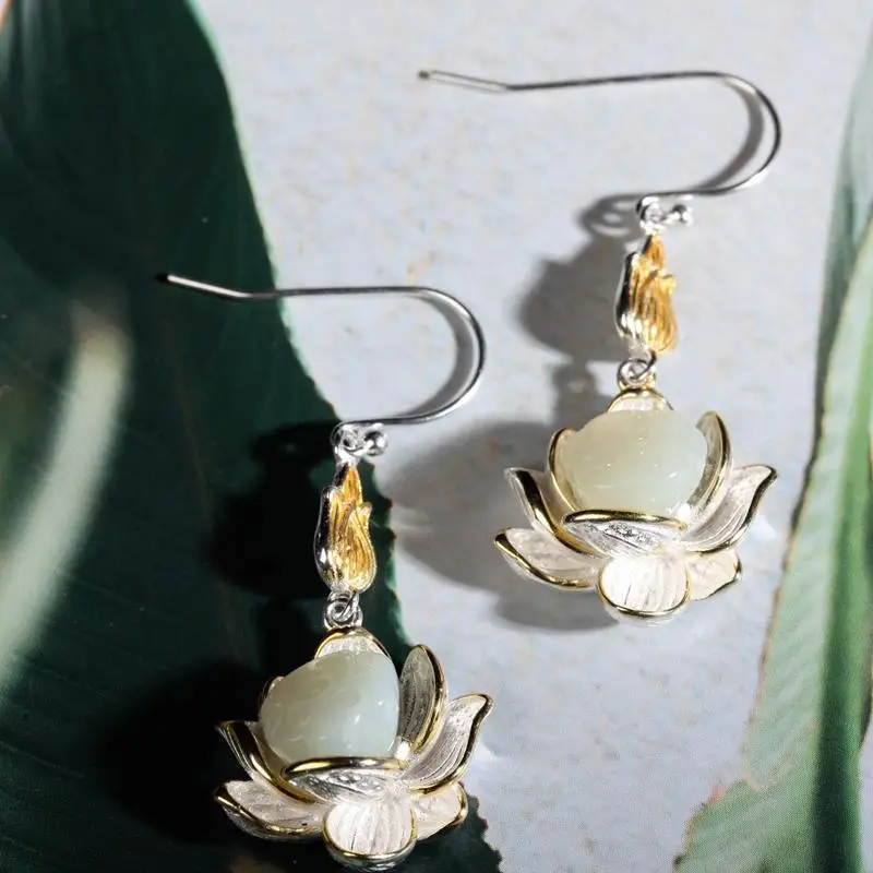 

New S925 Sterling Silver Hetian Jade Earrings Women's Eardrops Earrings Retro Fashion Earrings Light Luxury Design High Sense