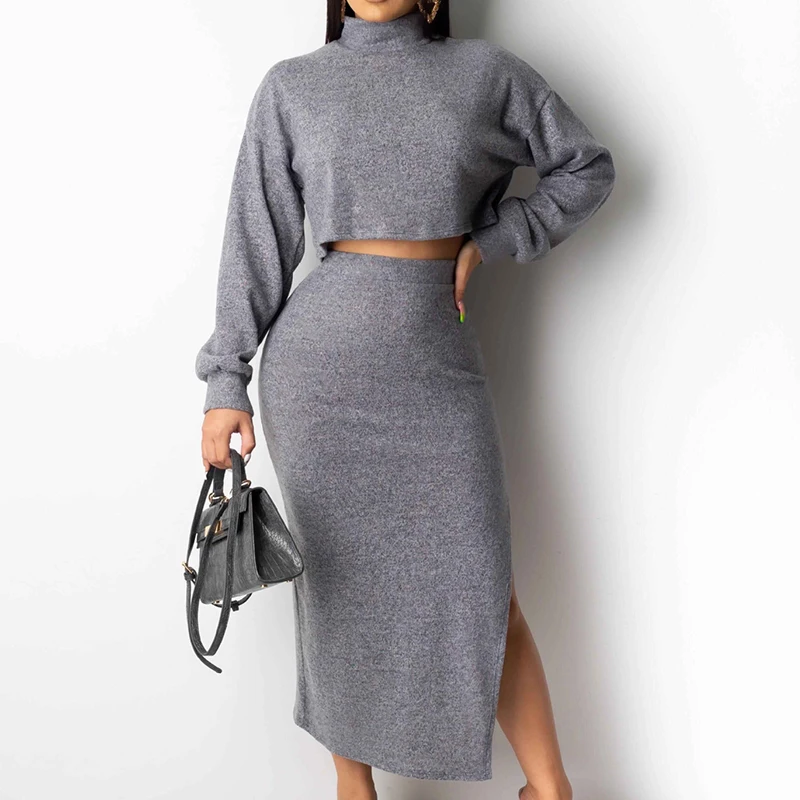 Женский комплект из 2 предметов серый повседневный костюм свитера с высоким