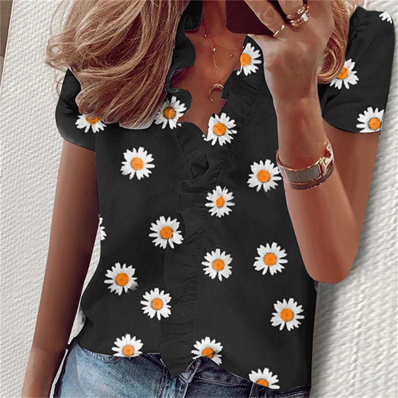 

New Daisy Print Ruffle Blouse Shirts Office Lady 2021 Summer Short Sleeve Slim Blouses Women Sexy V-Neck Tops