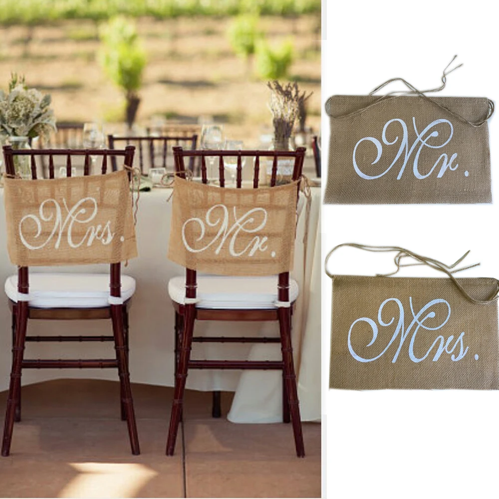 

1pair Mr&Mrs Burlap Chair Banner Set Chair Sign Garland Rustic Wedding Party Decoration Groom Bride To Be Event Party Supplies