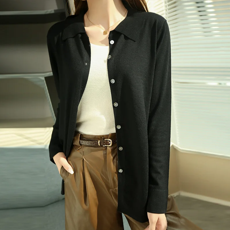 

Pure Wool Knit Sweater Shirt Fashion Square Collar Long Sleeve Coat Women Autumn Winter Elegant Loose Warm Office Lady Cardigan