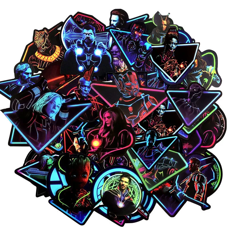 48 шт. неоновые MARVEL Супер Герои Мстители стикер s Мультфильм Аниме наклейка для мотоцикла ноутбук игрушка для скейтборда DIY стикер s