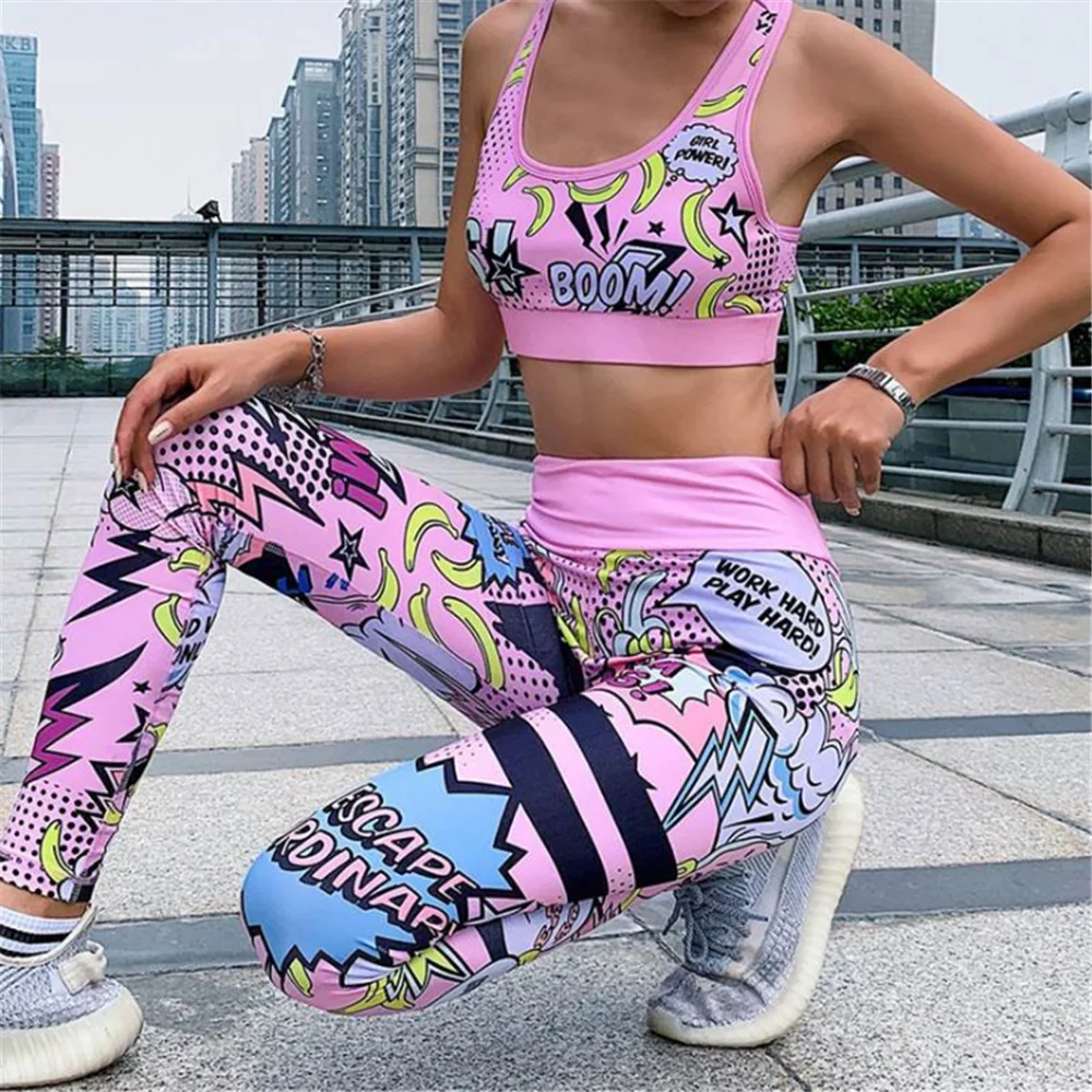

Women Print Cartoon Banana Boom Running Yoga Suits Sportswear High Waist Fitness Pants Harajuku Sports Set Gym Workout Clothes