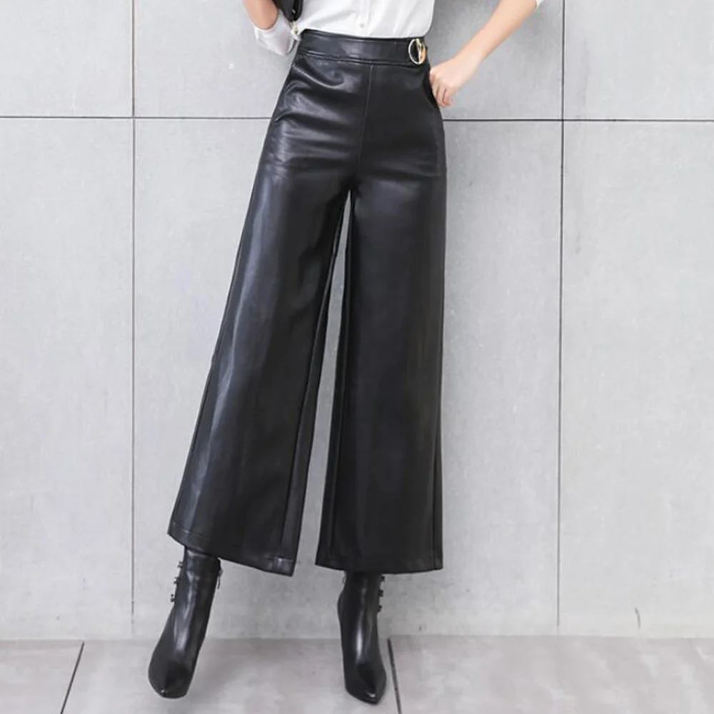Women' s PU Leather Trousers 2022 Autumn Fashion OL Wide Leg Pants Casual Solid Bottoms Femme Pantalon | Женская одежда