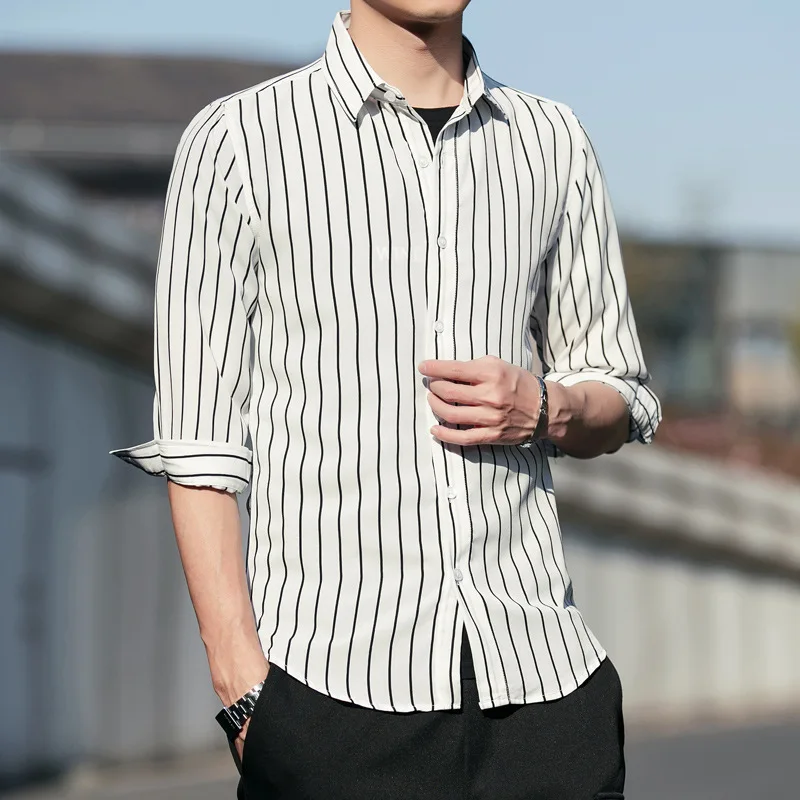 

Shirt men's short sleeve new striped quarter shirt coat spring summer business slim men's straight