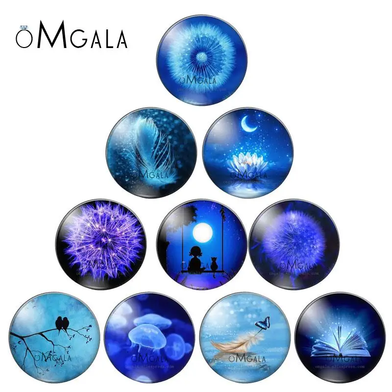 

Fashion Dandelion Feather Lotus Blue Elements 10mm/12mm/16mm/18mm/25mm Round Photo Glass Cabochon Demo Flat Back Making Findings