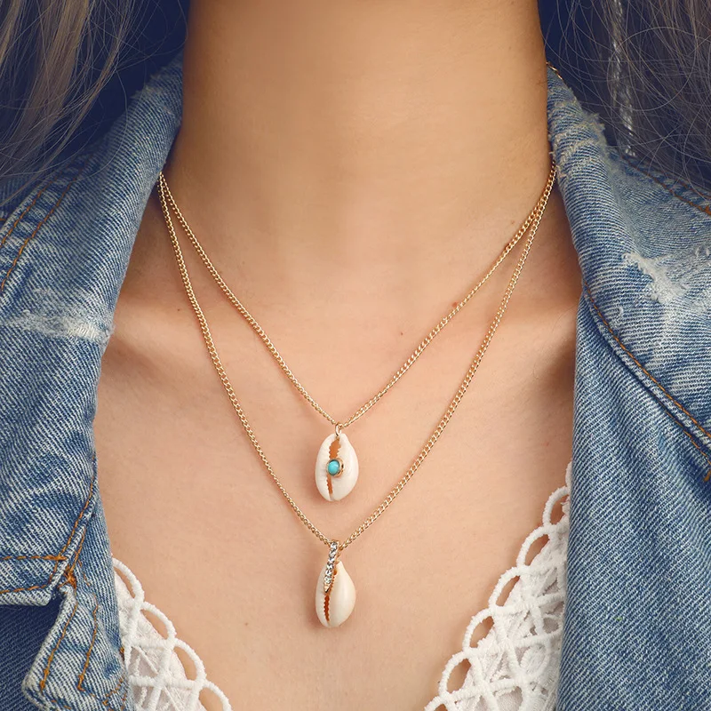 

2021 Summer Bohemia Natural Seashell Opal Pendant Necklaces For Women Classic Fashion Double Layer Chain Necklaces Jewelry Gifts