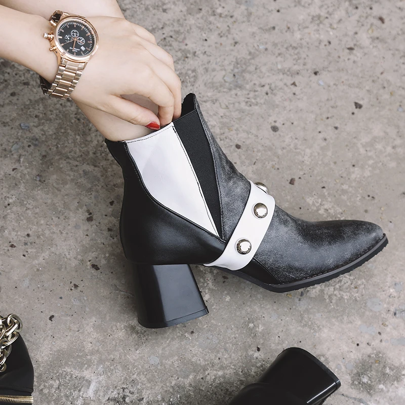British fashion punk color block thick heel rivet short boots large 44 45 46 47 48 casual Martin | Обувь