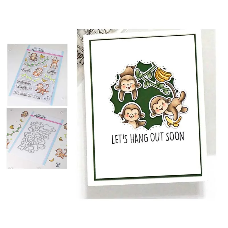 

2021 New Monkey Tree Branch Metal Cutting Dies and Rubber Stamps for Scrapbooking Letters Craft Stencil Album Sheet Decoration