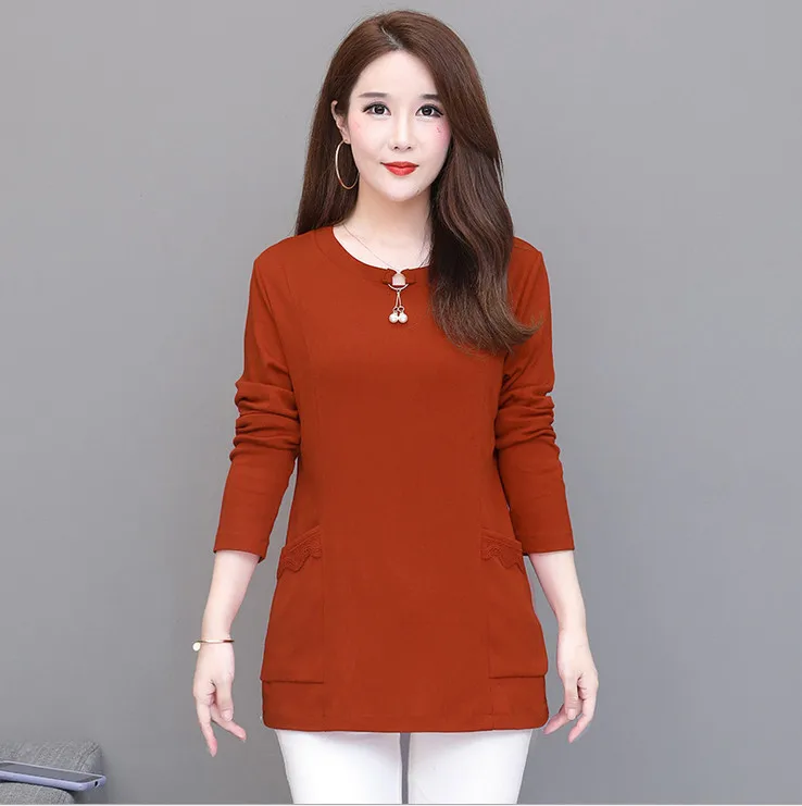 Футболки с длинным рукавом Женские топы Пуловеры с круглым вырезом джемпер Весна Осень Новые повседневные размера плюс среднего возраста Материнские рубашки