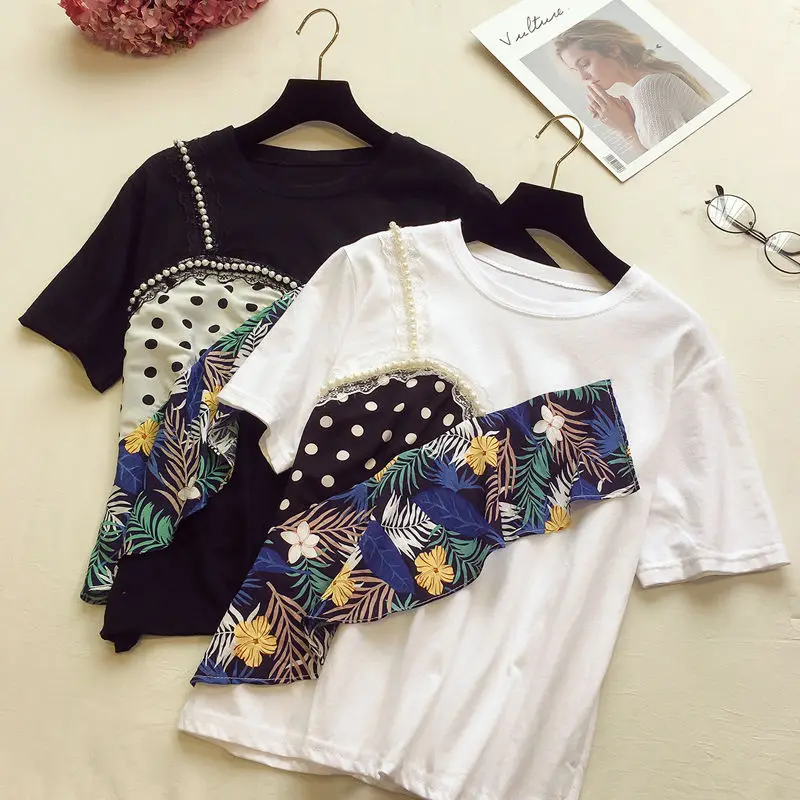 Женская футболка с коротким рукавом летняя свободная составного кроя оборками и