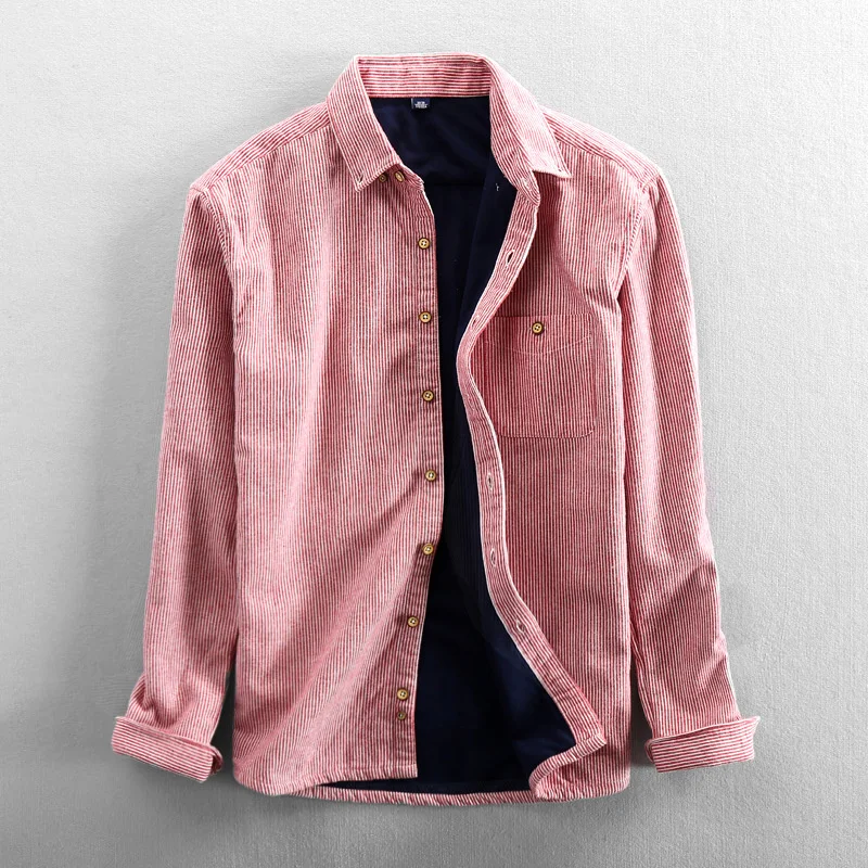 

Мужская винтажная рубашка в полоску, повседневная Толстая рубашка с длинными рукавами, отложным воротником и карманами, красный, синий, сер...