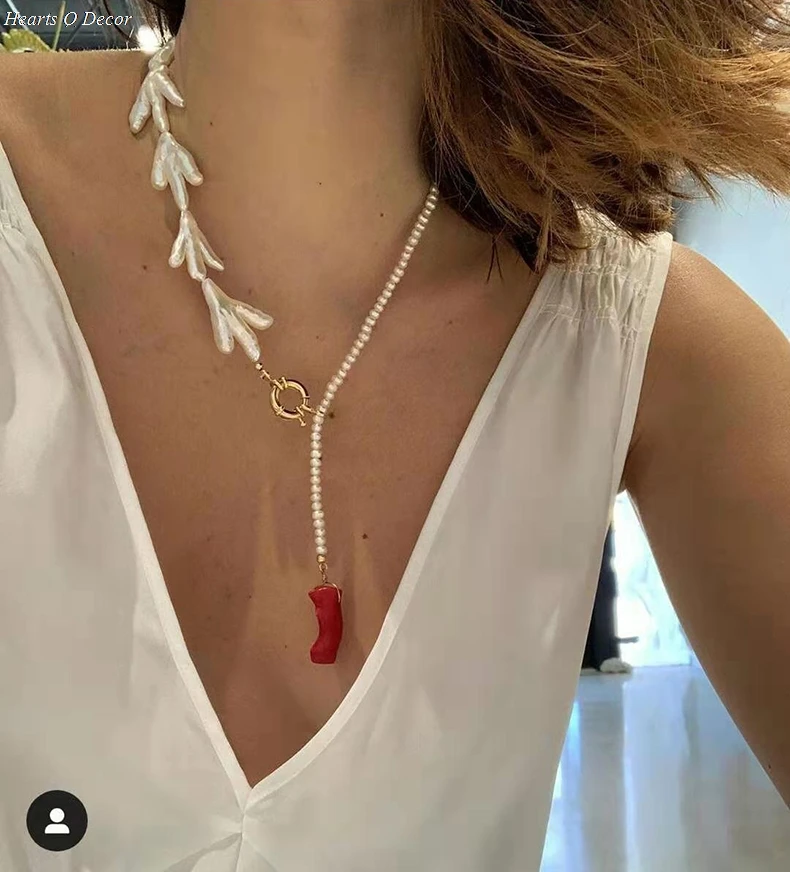 

Irregular Baroque Freshwater Pearl Coral Necklace Designer T Show Runway Boho Trendy Gown Wedding Jewelry Rare