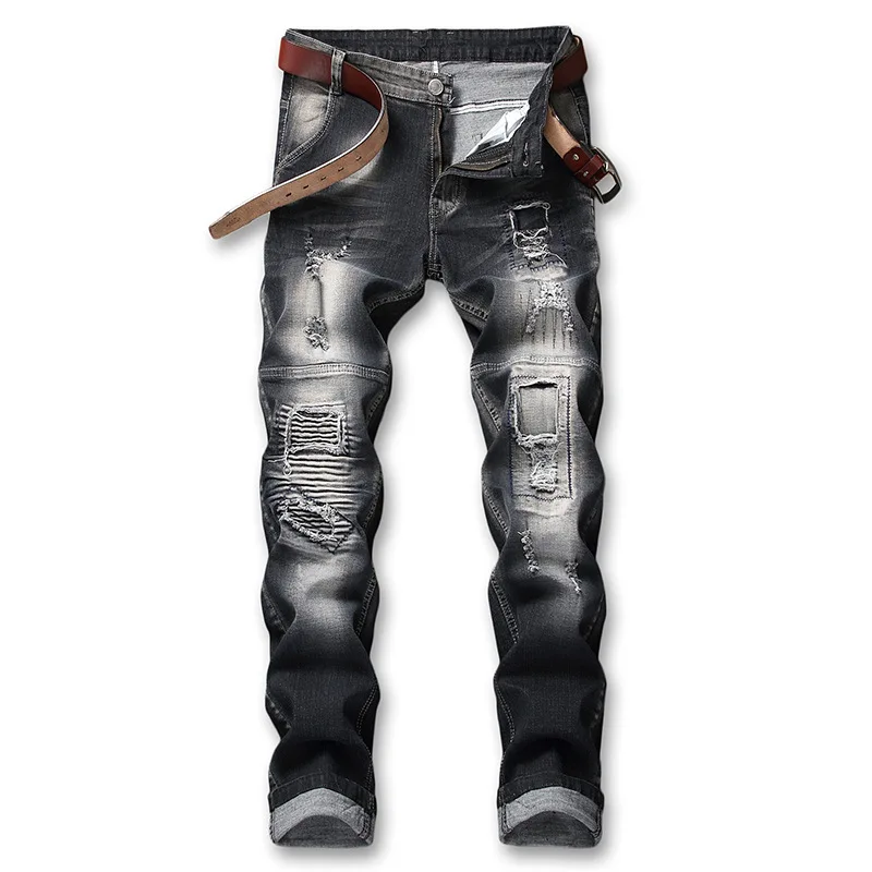 

Новые европейские американские рваные вышитые джинсы модные мужские прямые Стрейчевые брюки большого размера с вышивкой