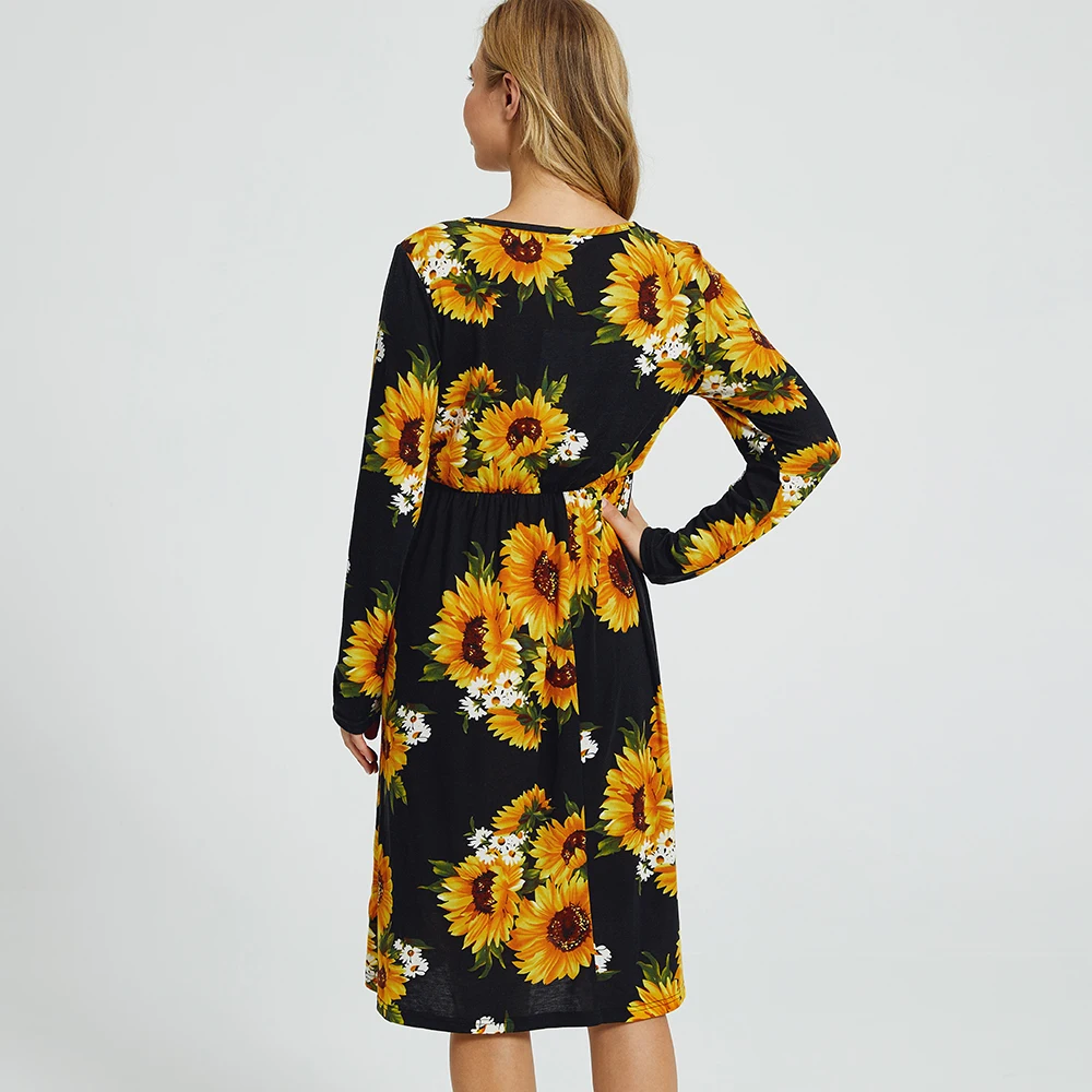 

PatPat 2021 New ArrivalMaternity Round collar Sunflowers full print Black Knee length A Long-sleeve Nursing Dress