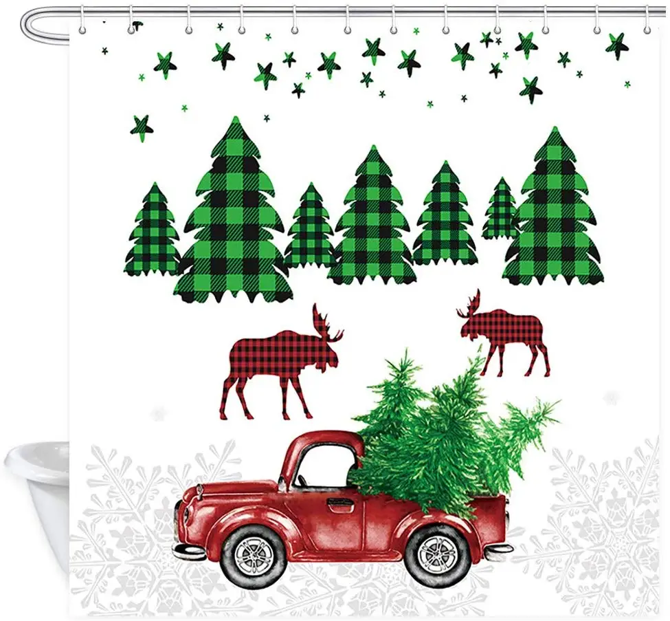 

Винтажный Рождественский грузовик с лосями, Рождественская елка в клетку, зимние шторы для ванной