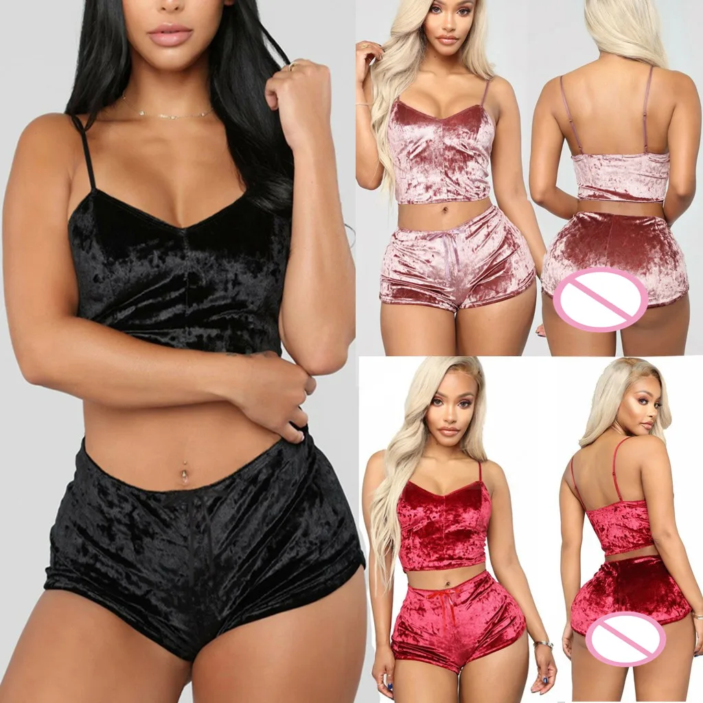 

New Women Sexy Lingerie Velvet Sleepwear Camisole Bow Shorts Pajamas Set Plus Size Bra Underwear Sexy Underwear Sexy Bra Set Y3