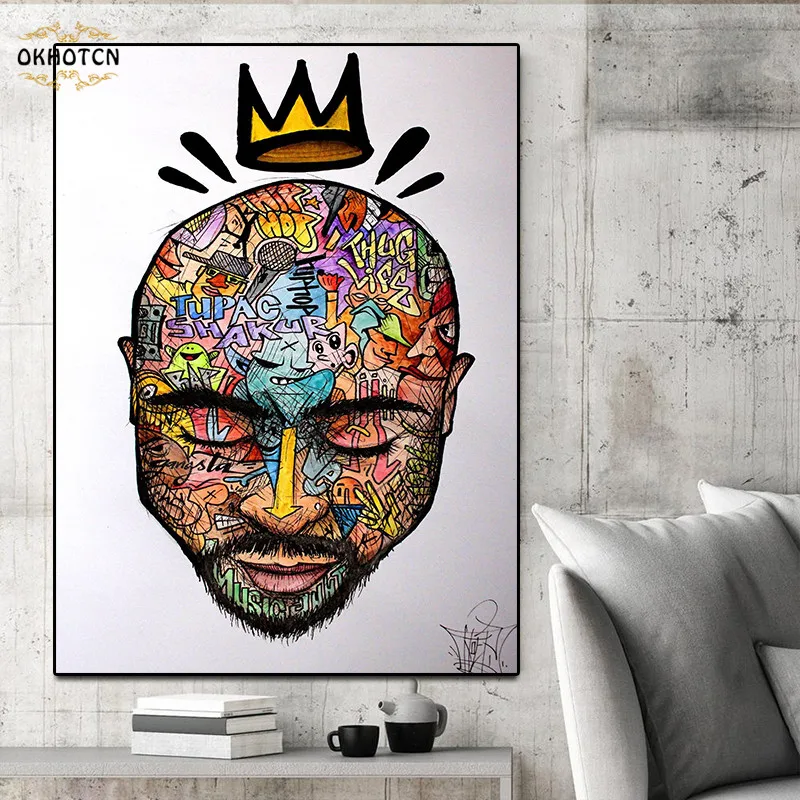 

Tupac Music Canvas Painting Face Graffiti Creative Picture For Living Room Wall Art Poster And Prints Modern Home Decoration