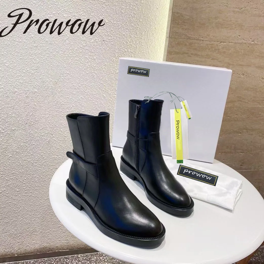

Prowow New Genuine Leather Zip Side Designer Ankle Boots Round Toe Low Heel Comfortable Boots Shoes Women