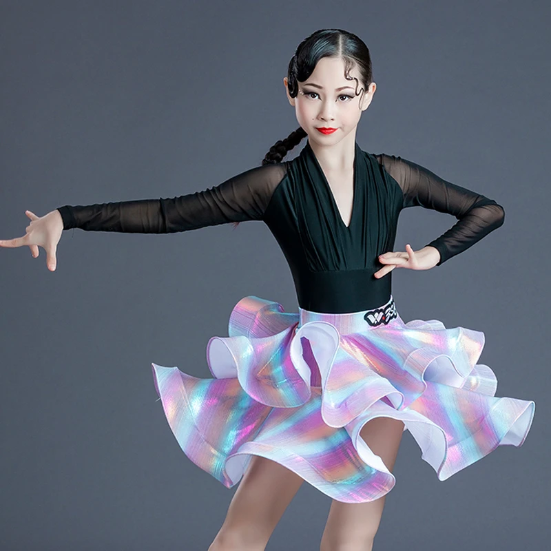 

Детские платья для латиноамериканских соревнований, Радужный топ для девочек, плиссированные юбки, костюм с разрезом, платье для танго, сал...