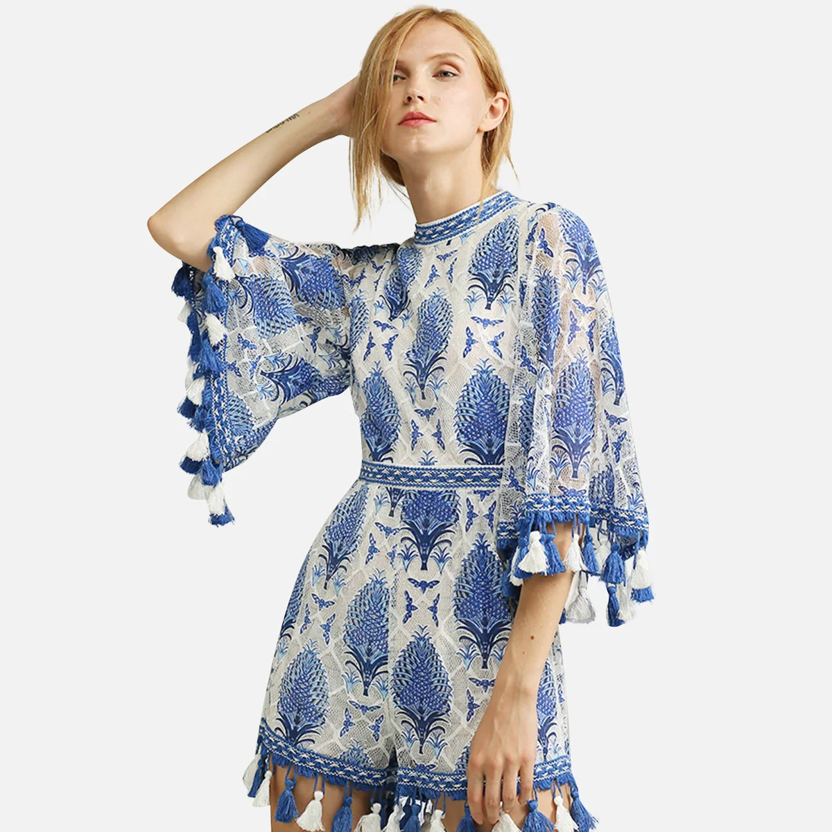 

Женский винтажный комбинезон с открытой спиной, круглым вырезом и рукавом 3/4