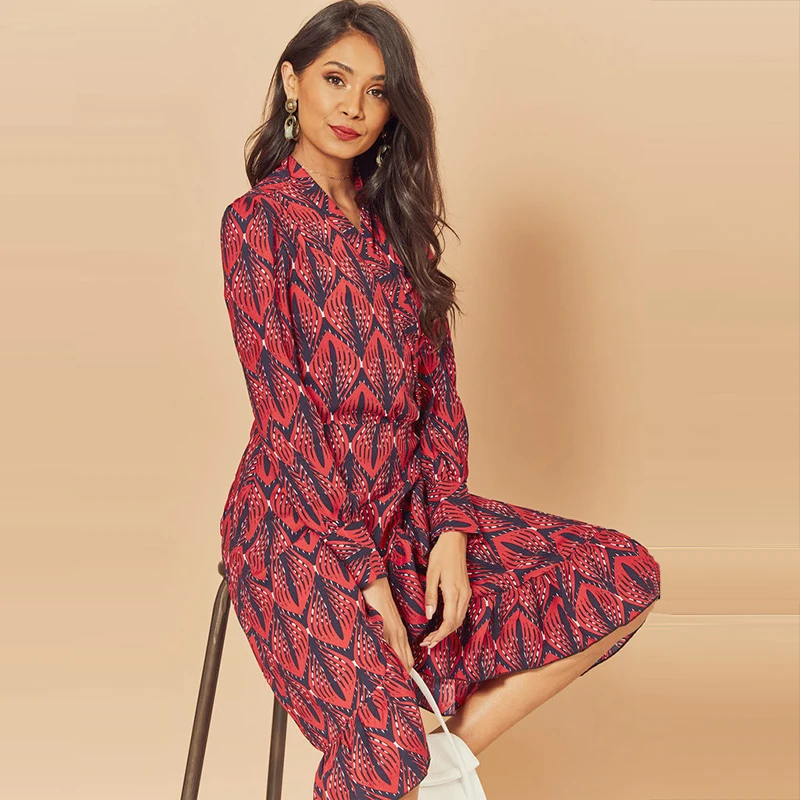 Женское платье с оборками и принтом Повседневное средней длины длинными